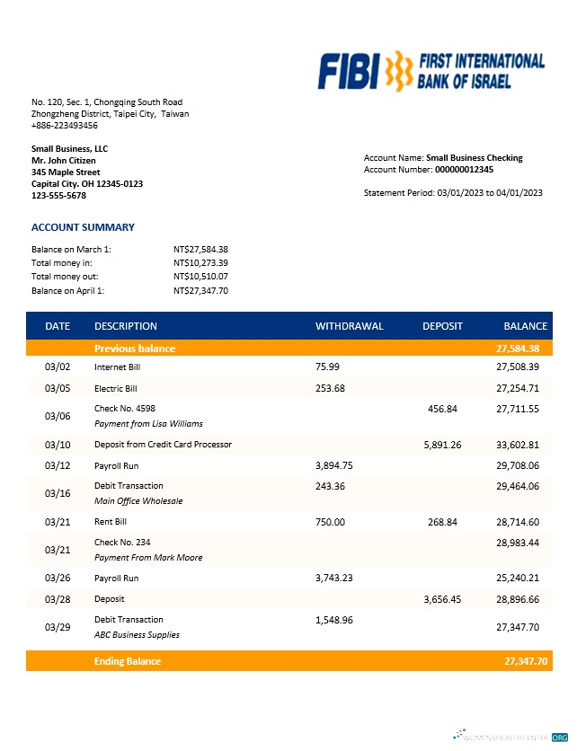 Download FIBI Bank enterprise account statement Word and PDF templat Photoshop template